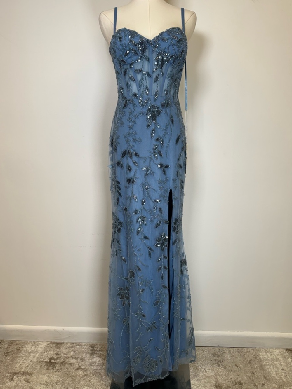 New! Stacees Sky-Blue Sheath Corset Gown Beading & Sequins